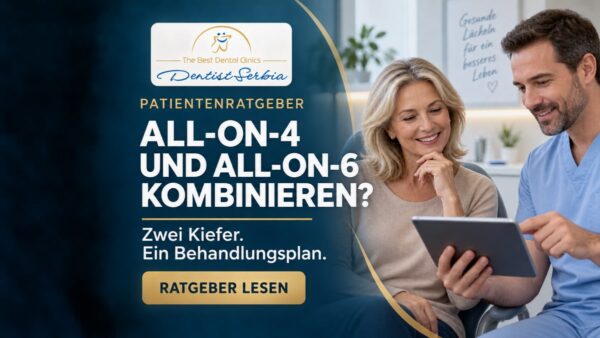 Zahnarzt und Patientin am Tablet mit dem Bildtitel „All-on-4 und All-on-6 kombinieren?“