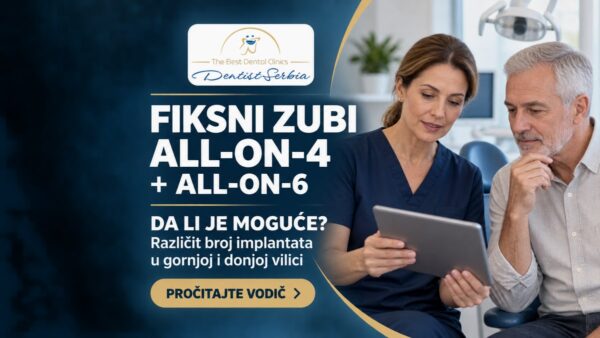 Stomatološkinja i pacijent pregledaju tablet uz natpis „All-on-4 + All-on-6 — da li je moguće?“