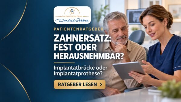 Zahnärztin und Patient am Tablet mit dem Bildtitel „Zahnersatz: Fest oder herausnehmbar?“