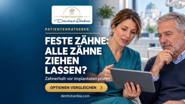 Zahnärztin bespricht mit einem Patienten den Zahnerhalt vor einer Implantatbehandlung