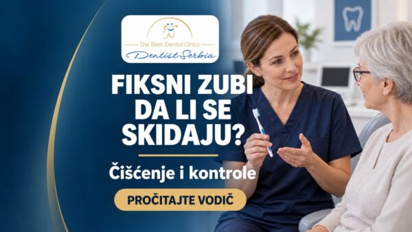 Stomatološkinja pokazuje četkicu pacijentkinji uz naslov „Fiksni zubi — da li se skidaju?“