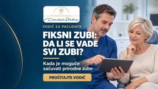 Stomatolog i pacijentkinja pregledaju tablet uz naslov „Fiksni zubi: da li se vade svi zubi?“