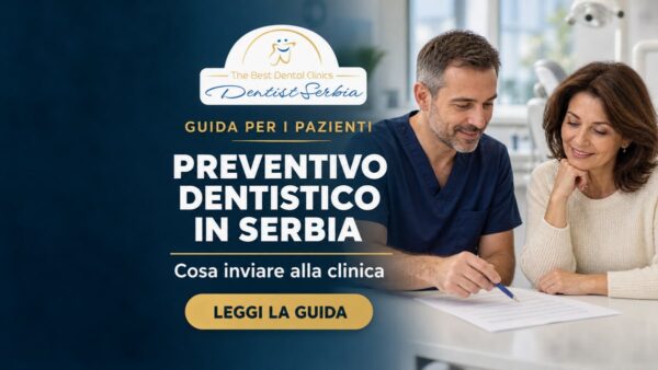 Dentista e paziente esaminano un documento, con il titolo Preventivo dentistico in Serbia.