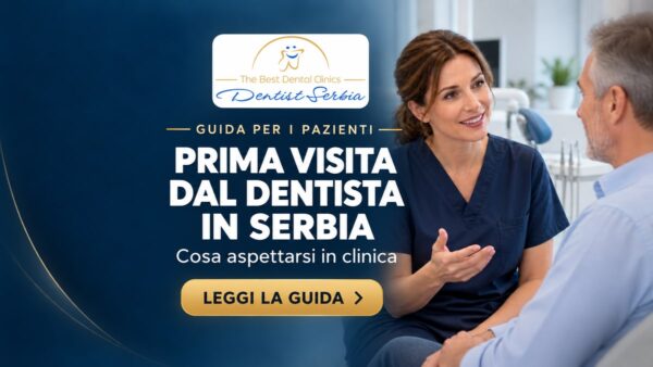 Dentista che parla con un paziente durante la prima visita, con il titolo Prima visita dal dentista in Serbia