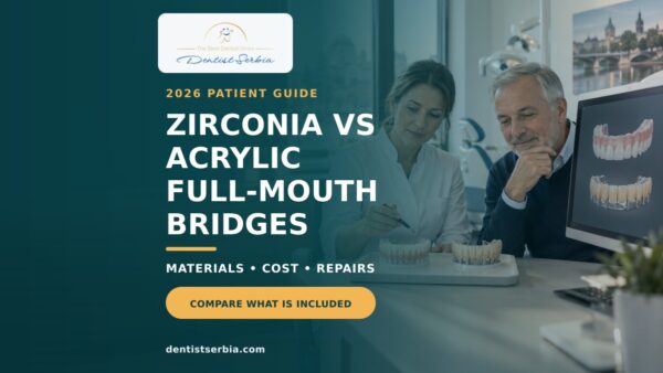 Dentist comparing zirconia and acrylic full-mouth implant bridges with a patient