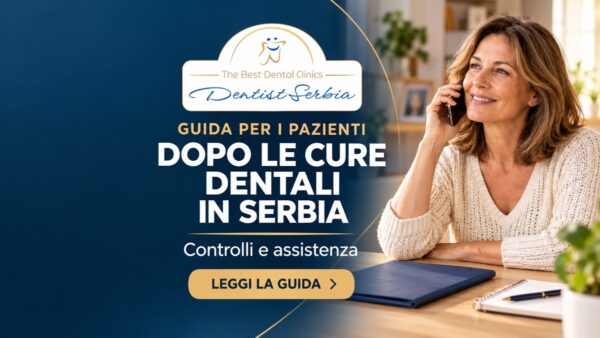 Donna al telefono a casa, con il titolo Dopo le cure dentali in Serbia e il sottotitolo Controlli e assistenza.