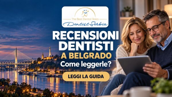Coppia che consulta un tablet con il titolo «Recensioni dentisti a Belgrado: come leggerle?»