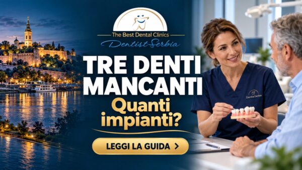 Dentista che mostra un modello dentale a un paziente, con il titolo «Tre denti mancanti: quanti impianti?»
